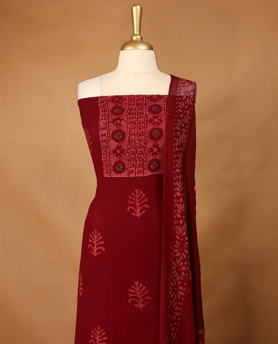 Dark Red Colour Georgette Top having Thread Work with Bottom and Printed Georgette Dupatta