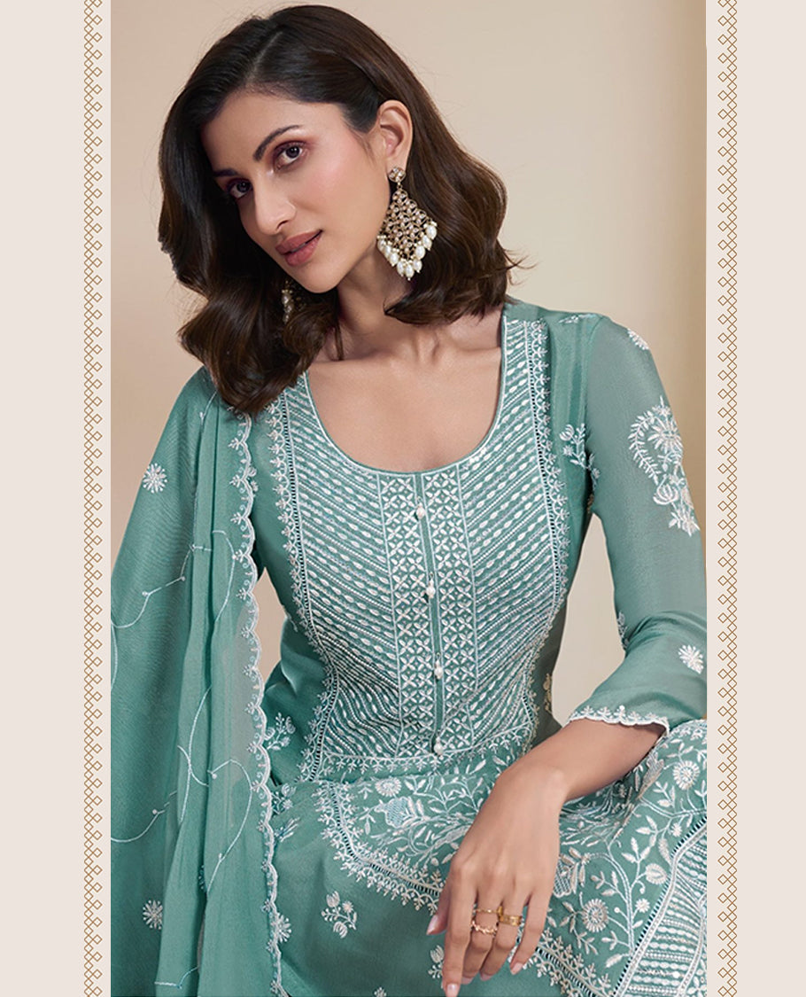 Pastel Sea Green, Thread embroidered Chinon top and dupatta paired with a comfortable Santoon bottom