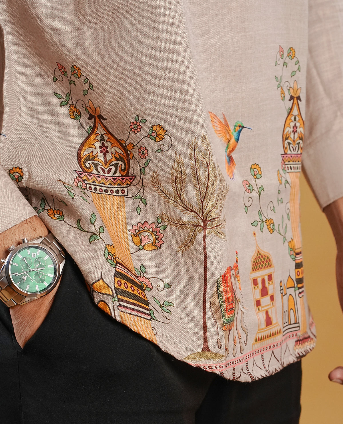 Beige colour men's kurta featuring elegant Print on the Border, complemented by full sleeves for a refined and festive look.