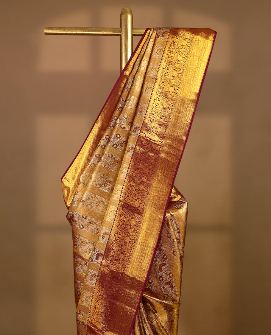 Golden Colour Kancheepuram Tissue Silk Saree having Contrast Zari Worked Body with Contrast Border and Blouse