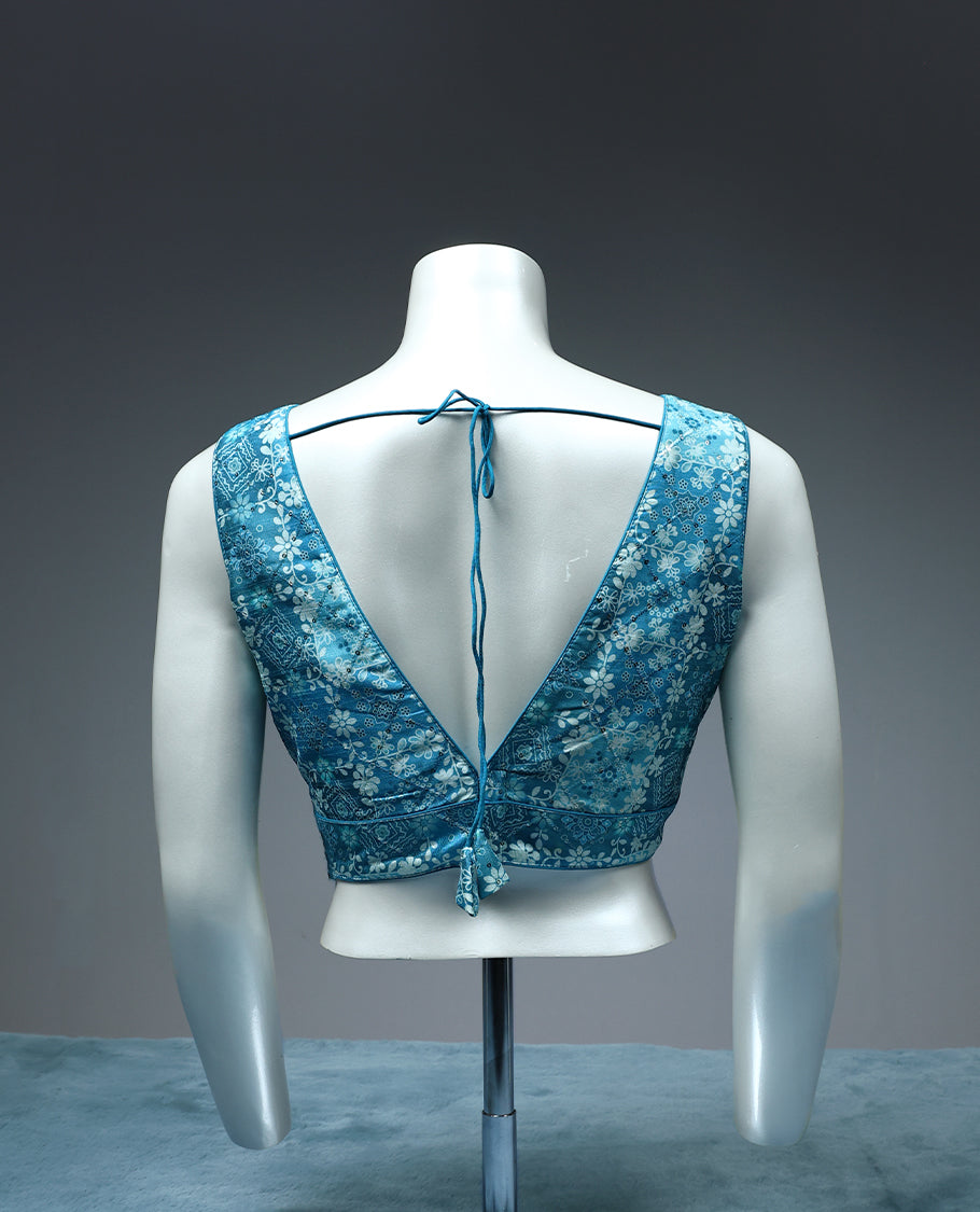 Blue Colour, Thread and Sequence Work, V neck, Attachable Sleeves, Padded, Ready Made Blouse.