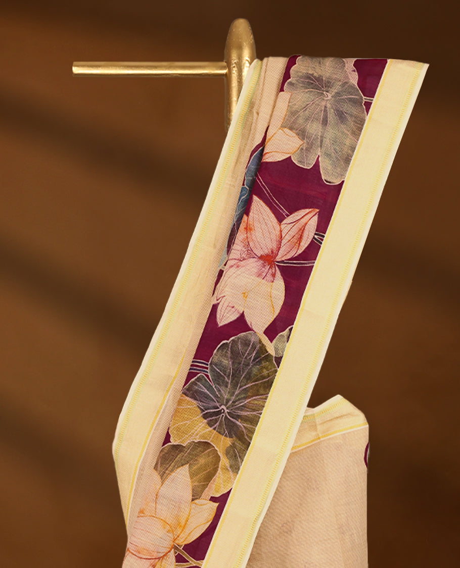 Beige and maroon Colour lightweight khadi cotton saree with earthy-coloured digital floral prints on the Body and pallu, paired with a matching blouse.