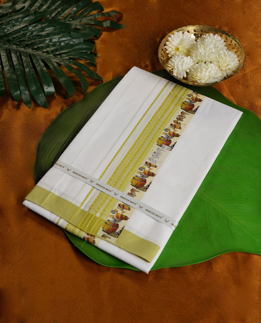 White Colour Minister White Pure Cotton single Dhoti with Lime Green Colour and printed design Border for Men