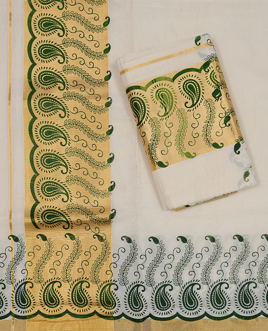 off white colour cotton set mundu features a plain body accented by a golden kasavu border with green paisley motifs.