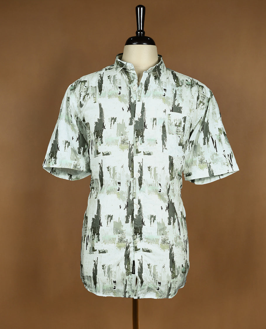White with Green Shade Printed ITHACA Half Sleeve Cotton Shirt for Men