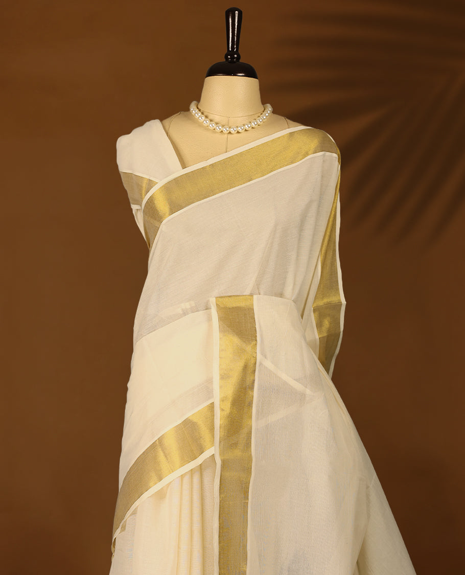 Kerala cotton saree with Plain Body and Golden border with Matching Blouse