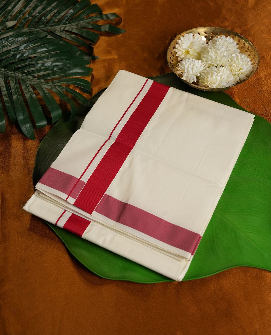Cream Colour Pure Cotton single Dhoti with Red Colour Border for Men