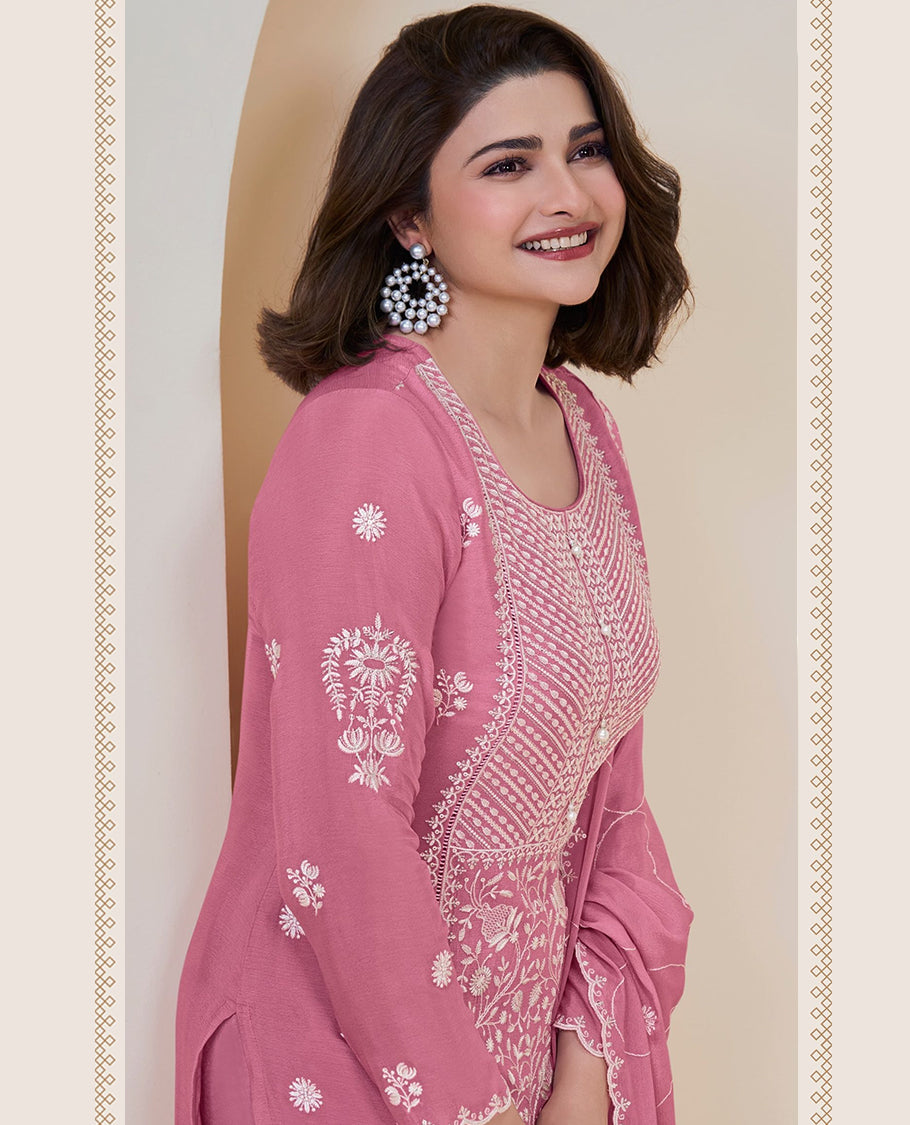 Pastel Pink, Thread embroidered Chinon top and dupatta paired with a comfortable Santoon bottom