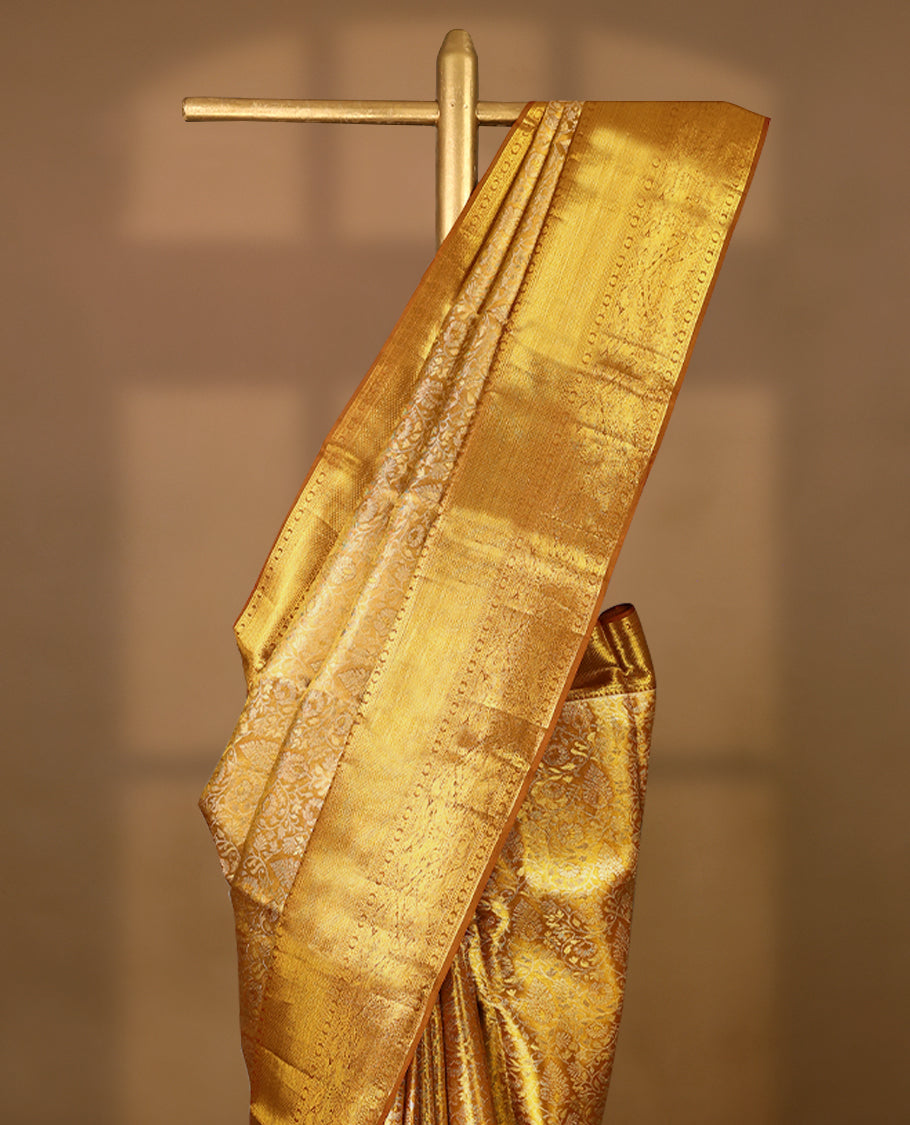 Golden Colour Pure Tissue Wedding Saree having Zari Jaal Body with Wood Brown Brocade Border and Blouse