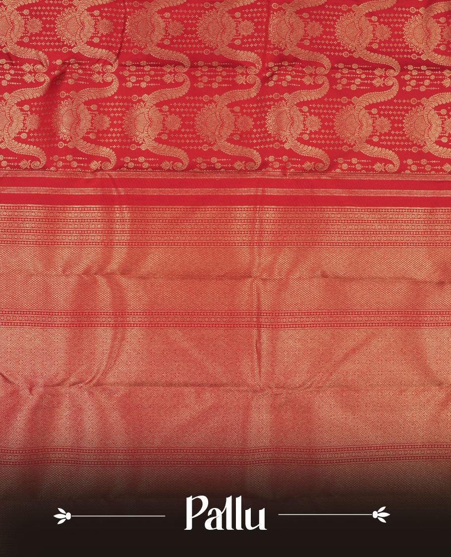 Cherry Red colour Kanchipuram pattern Manthrakodi saree featuring intricate geometric floral antique gold zari weaving design across the body, beautifully complemented with a matching self jaquard blouse piece.