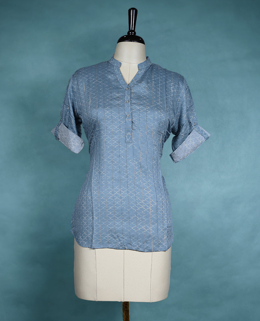 Dusty Blue Colour Printed Mandarin Collar Short Sleeve Top for Women.