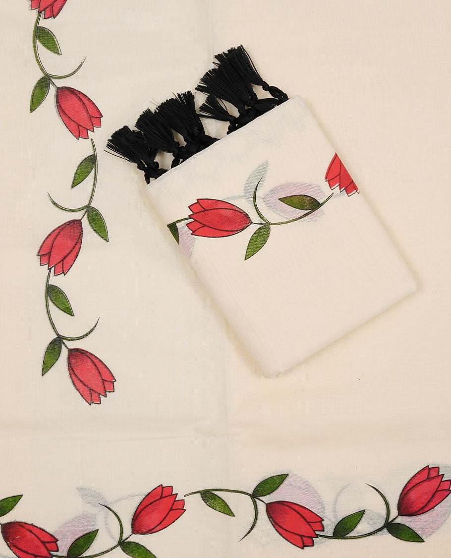 Off white colour Cotton Set Mund featuring a plain body, enhanced by a pink floral vine printed border.