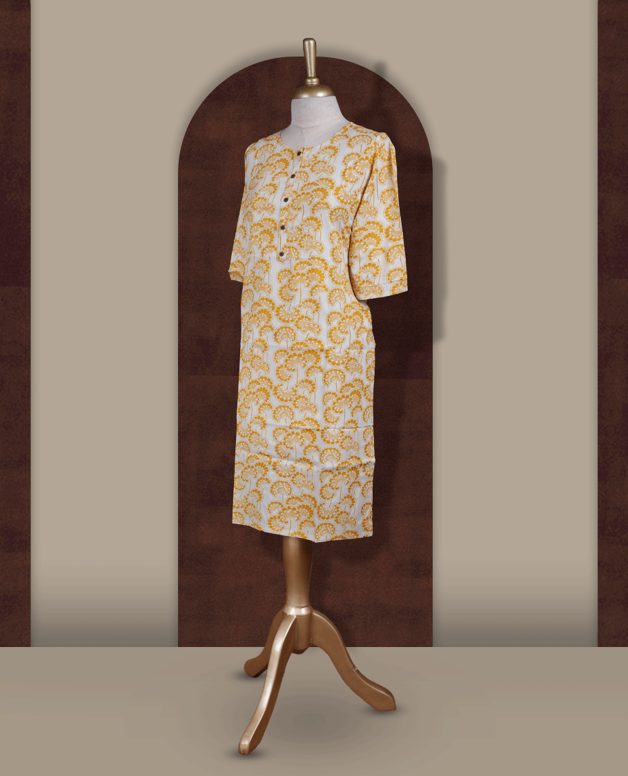 White colour kurthi from TWARA, with beautiful yellow floral prints & Designed with a round neckline, button placket, and 3/4 sleeves.