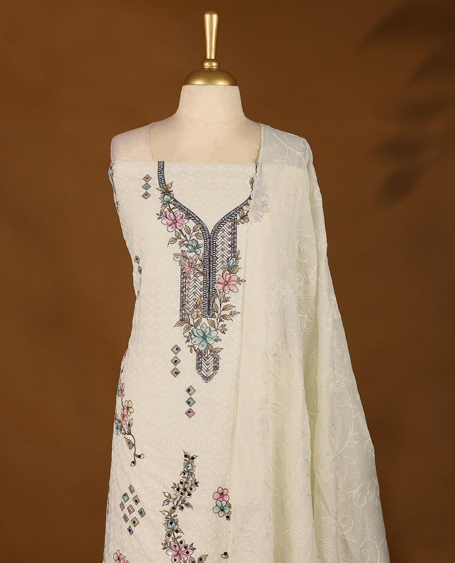 Off White Colour, Thread Worked Top having Multi Colour Prints with Bottom and Thread Worked Dupatta