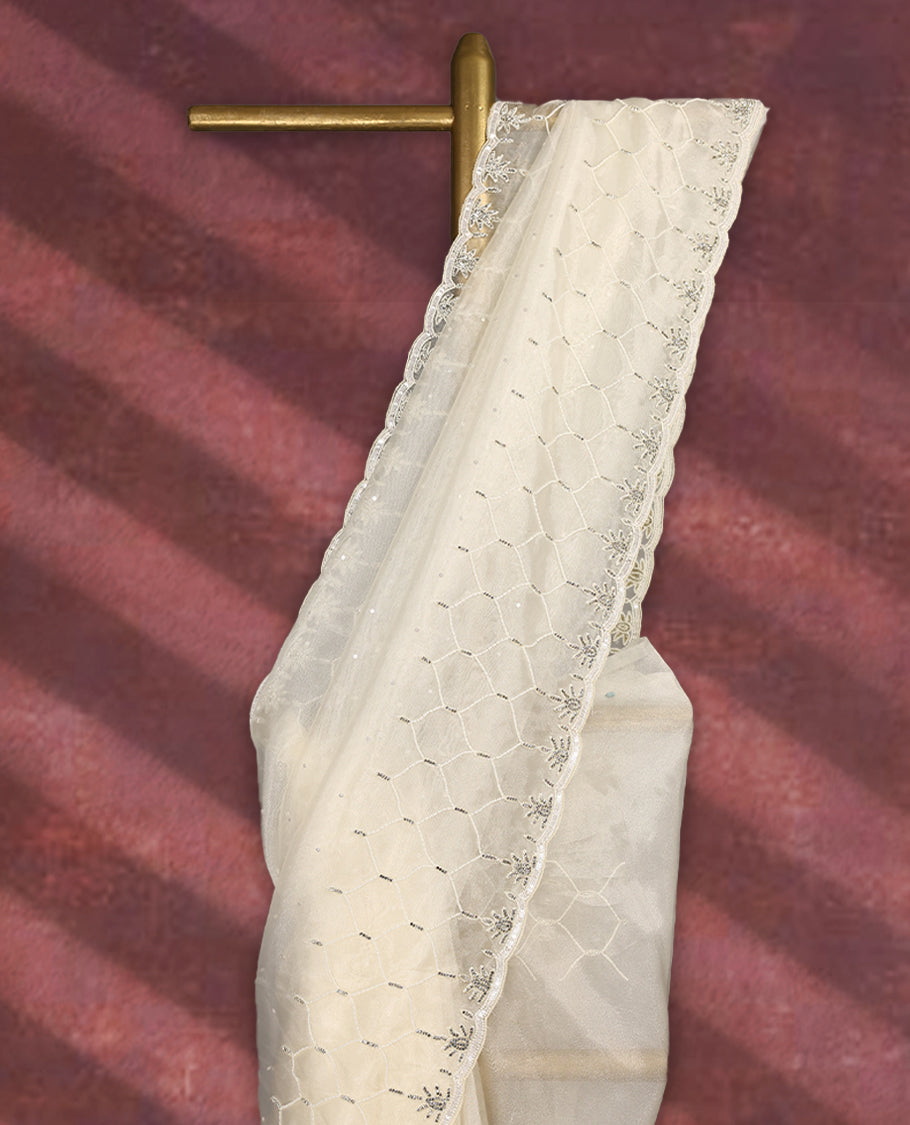 White colour pure organza saree featuring sequin work all over the body, adorned with a heavily embellished border with beads, stones, and sequins, complemented by a worked pallu and paired with a matching embellished blouse