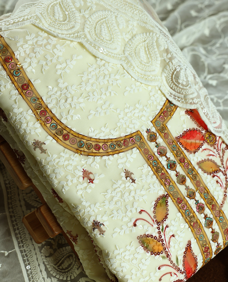Cream colour churidhar material with embroidered yellow colour neck work, white thread floral motifs on the body, and multicolor floral detailing in yellow, orange, green & Comes with plain bottom and embroidered dupatta