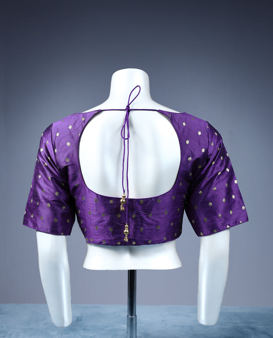 Purple Colour Golden Round Motifs, Round Neck, 2/4th Sleeves, Padded, Ready Made Blouse.