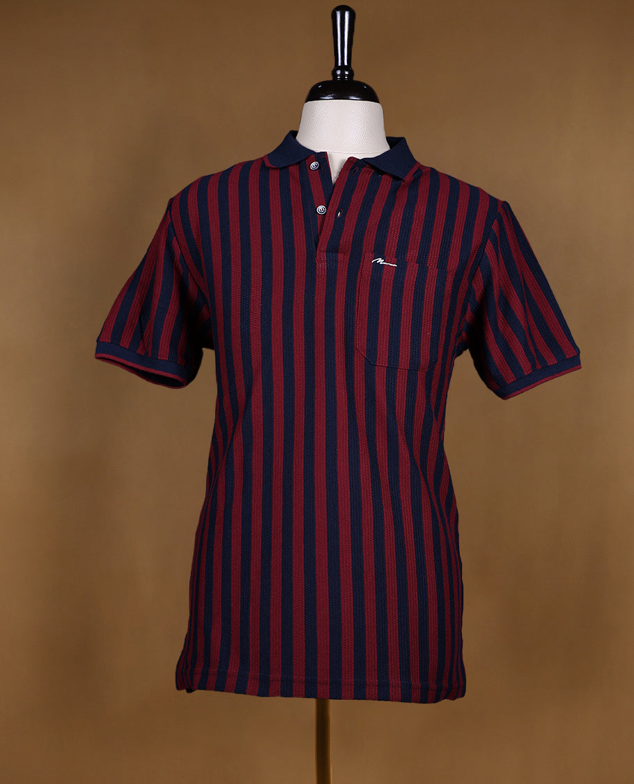 Maroon and Navy Blue Striped BRANDMOVER Half Sleeve T-Shirt for Men