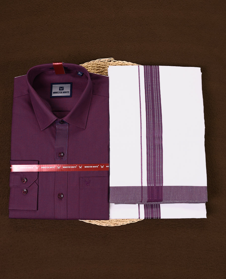 Grape colour full sleeve shirt and white dhoti set featuring a rich Grape woven border crafted for a bold and traditional look ideal for festive and special occasions