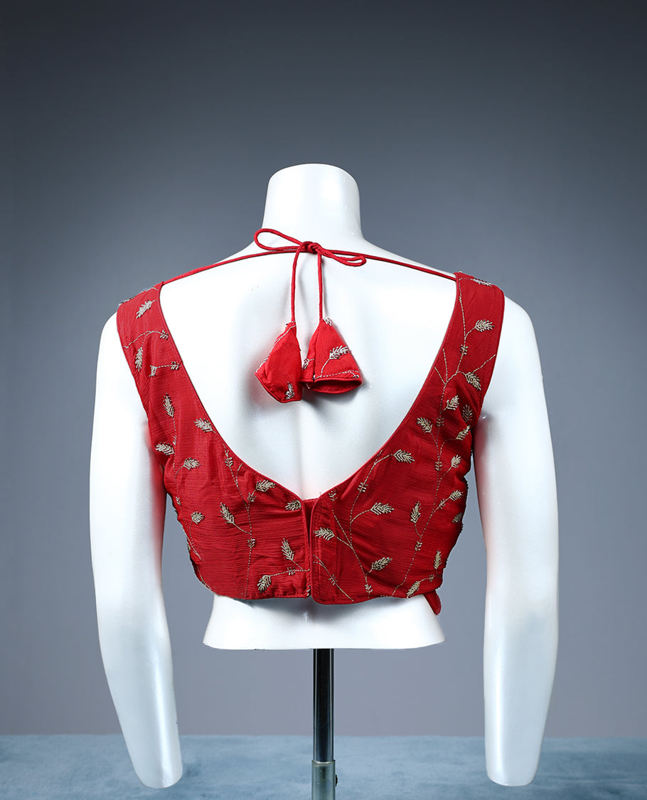 Red Colour Cut Bead Leaf Like Embroidery V Neck Design Attachable Sleeves Padded Ready Made Blouse.