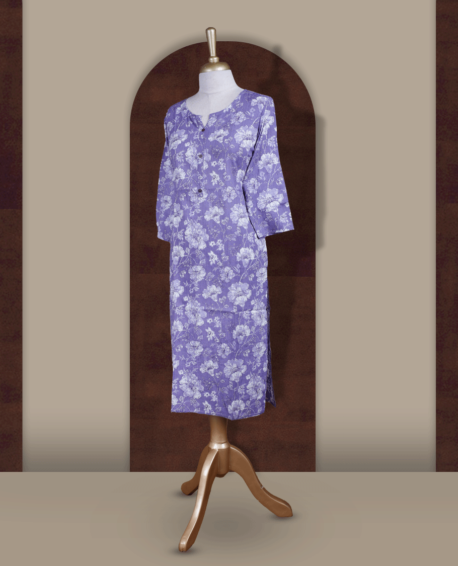 Pastel purple colour kurthi adorned with delicate white floral prints, featuring a stylish V notch round neckline and comfy 3/4th sleeves & Designed in a straight cut silhouette for a graceful, everyday look.