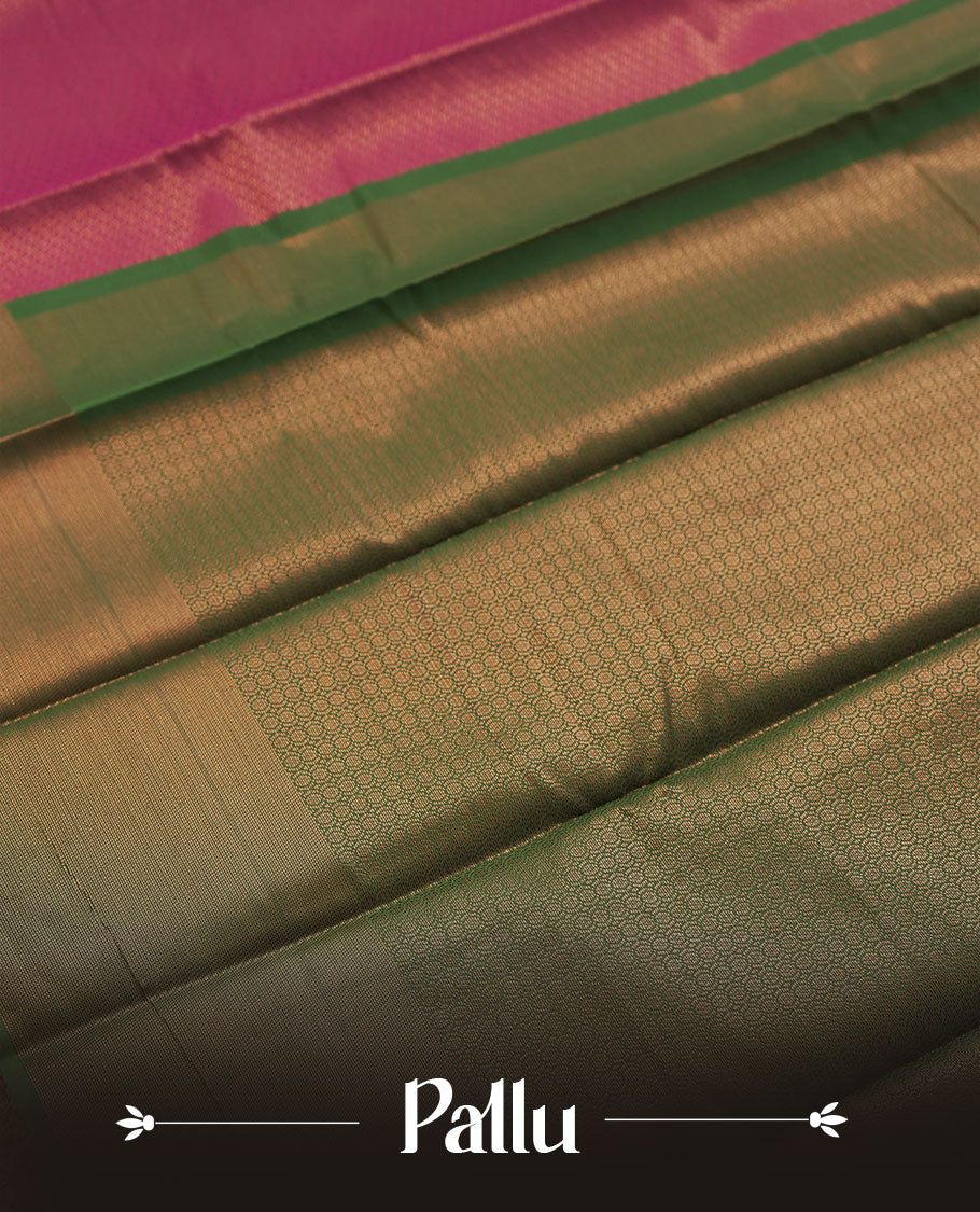 Plum colour semi silk saree featuring neem zari Brocade Pattern all over the body, complemented by a Self Colour woven border with detailing with contrast green Colour Pallu & blouse.