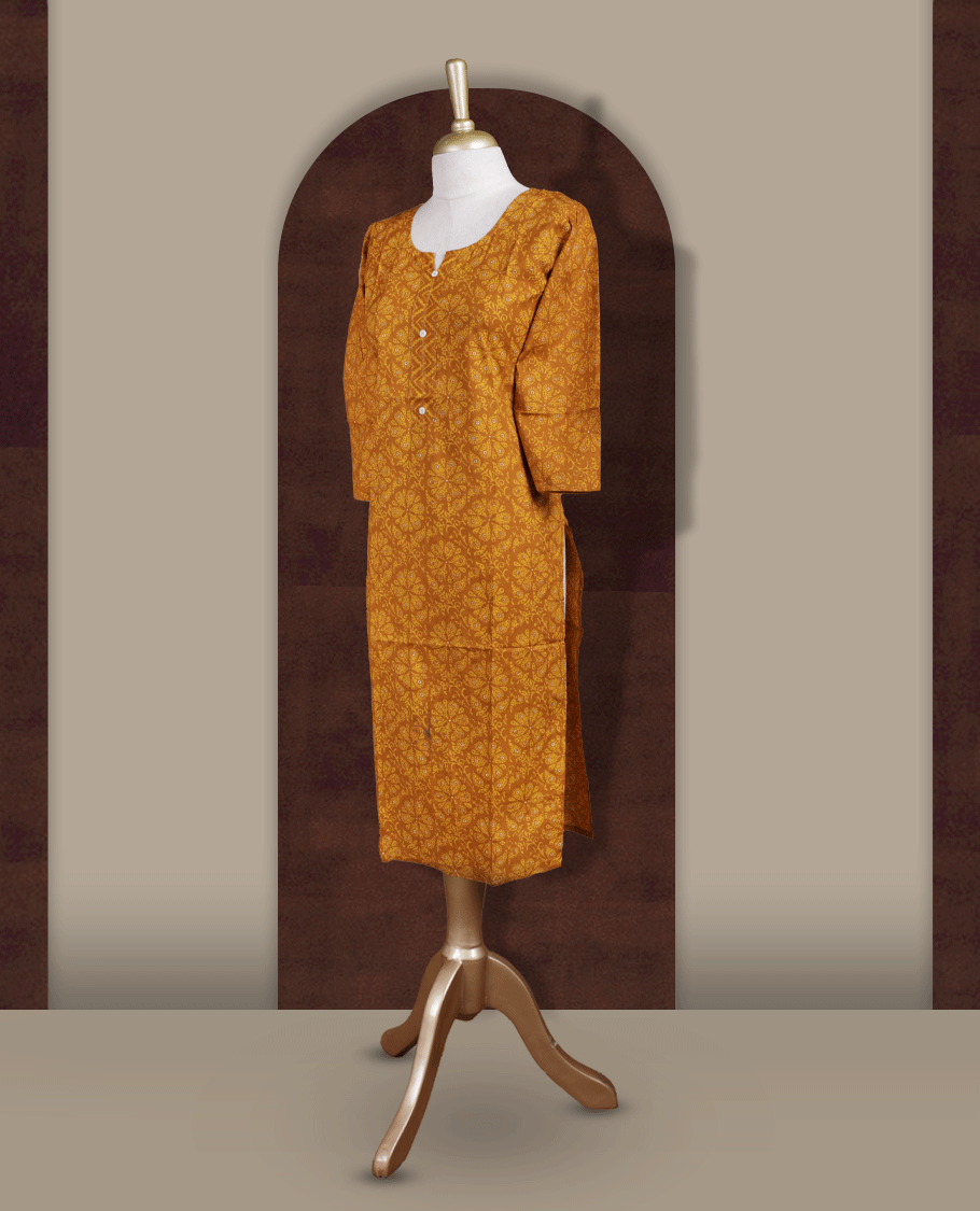 Mustard yellow colour kurti adorned with all over floral prints, featuring a stylish V notch round neckline and comfy 3/4th sleeves for a graceful ethnic look.