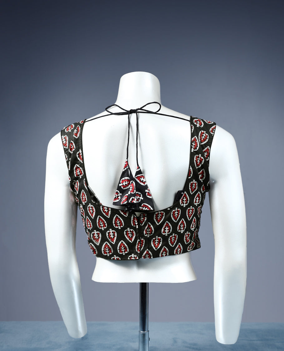 Dark Brown Colour Leaf Block Print, Deep Neck, Attachable Sleeves, Padded, Ready Made Blouse.