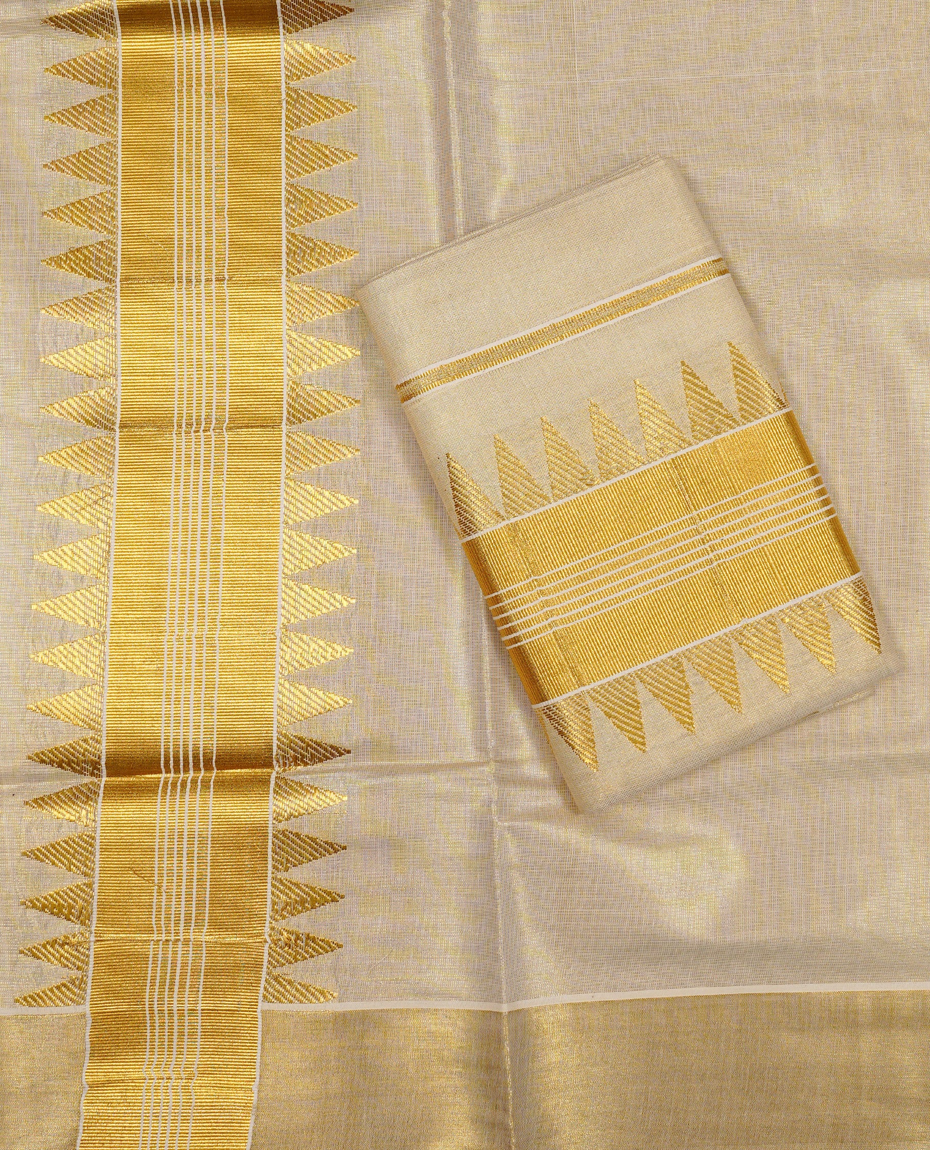 Cream colour Tissue silk set mund Featuring Elegant plain body, Complemented by Gold zari temple design border.