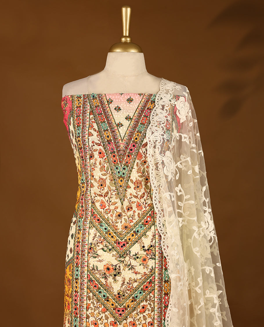 Cream Colour, Fully Mirror Worked Top having Multi Colour Prints & Red Border with Bottom and Thread Worked Dupatta