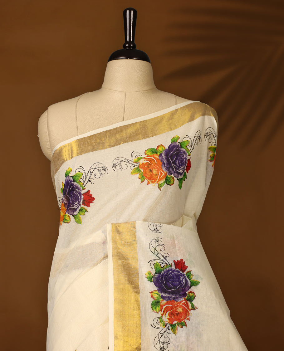Elegant off white colour cotton Kerala saree with vibrant floral embroidery, golden zari border, and delicate pallu work, Perfect for festive occasions & paired with matching blouse for traditional events, or cultural celebrations.