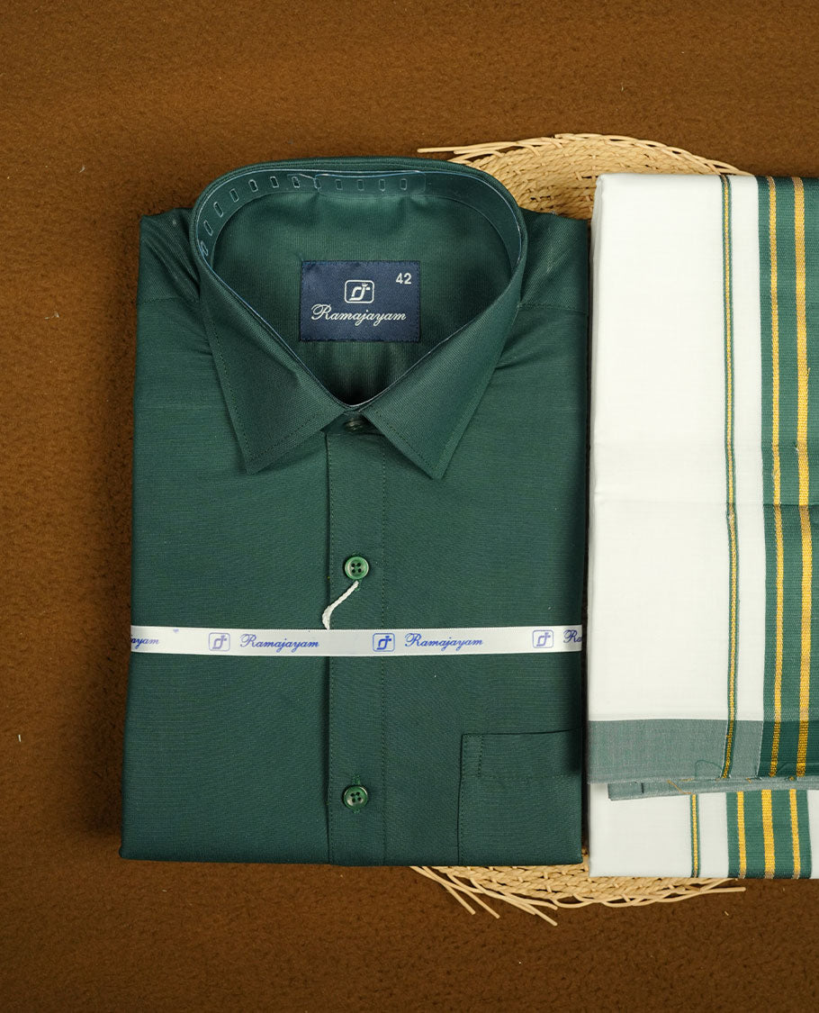Dark green Colour shirt paired with a matching dhoti, finished with a dark green and gold border.