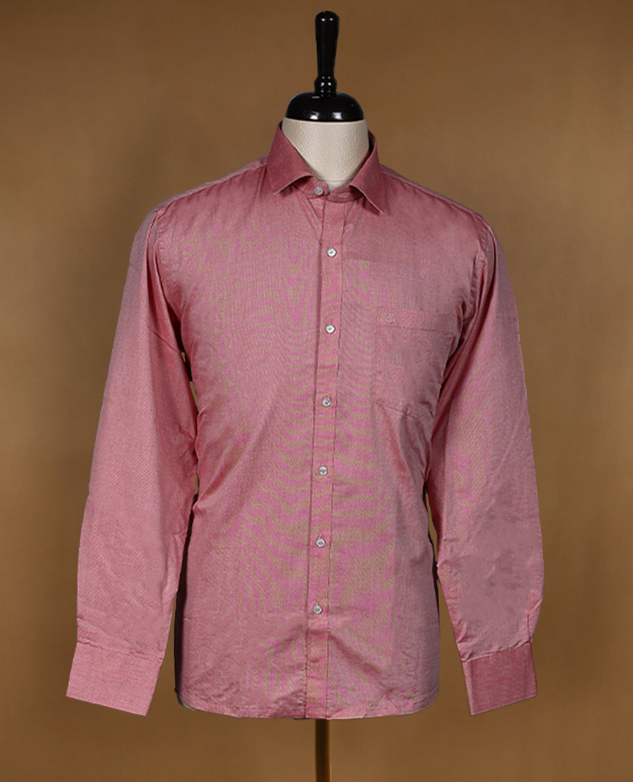 Dusty rose DH men’s shirt crafted in a glossy soft textured fabric featuring a rich sheen, classic collar, full sleeves, and chest pocket perfect for festive and elegant occasions