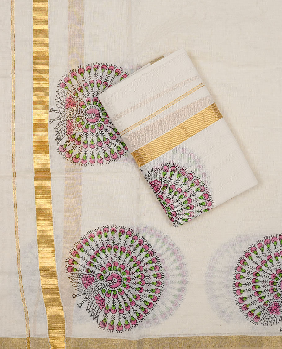 Off white colour Cotton Set Mund featuring a plain body, enhanced by a Print on gold zari border.