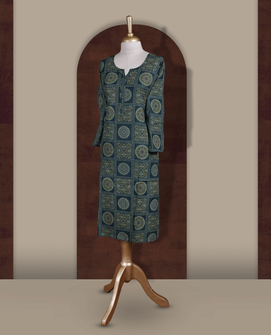 Dark green colour kurti featuring intricate olive, black & light green colour geometric and mandala block prints & Styled with a round neckline, front button placket, and 3/4 sleeves.