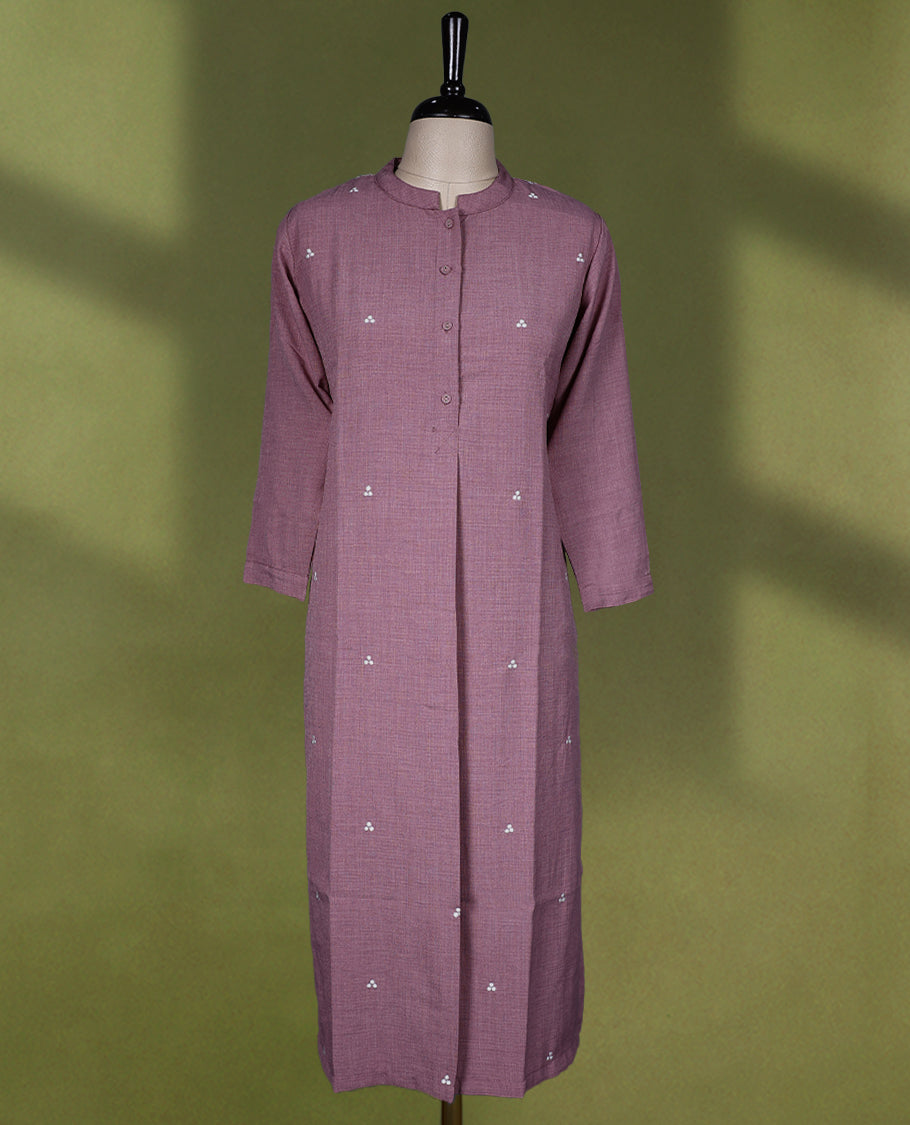 Pastel onion Colour Readymade kurti with small thread buttas for women, featuring 3/4 sleeves.