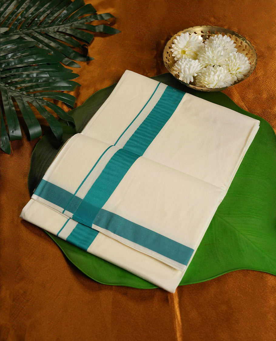 Cream Colour Pure Cotton single Dhoti with Green Colour Border for Men
