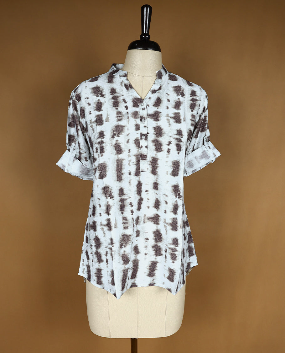 White Colour Readymade Top with Brown Colour Prints For Women with 2/4th Sleeves