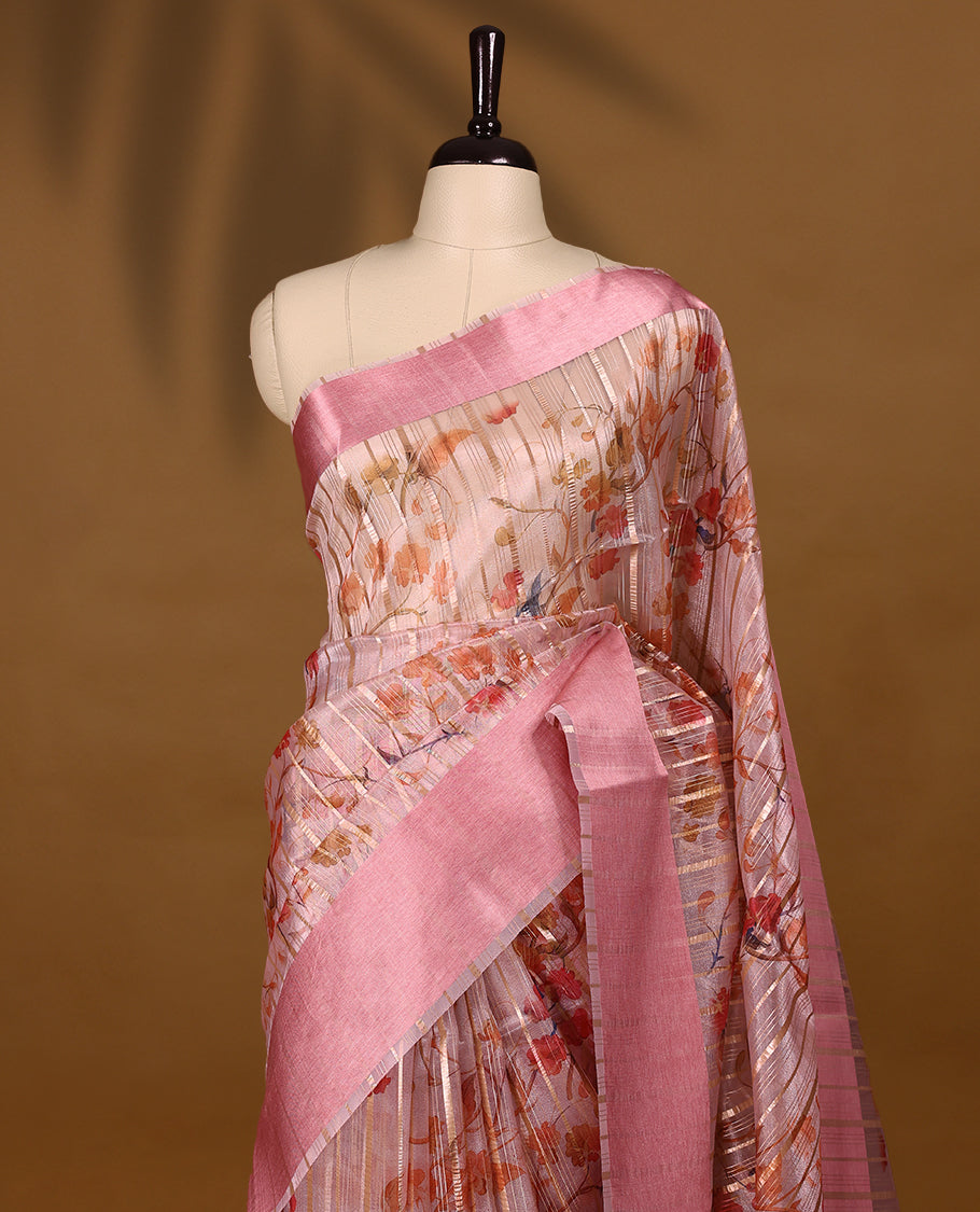 Pink semi-organza saree with intricate floral jaal work, elegant border, and a matching silk brocade blouse.