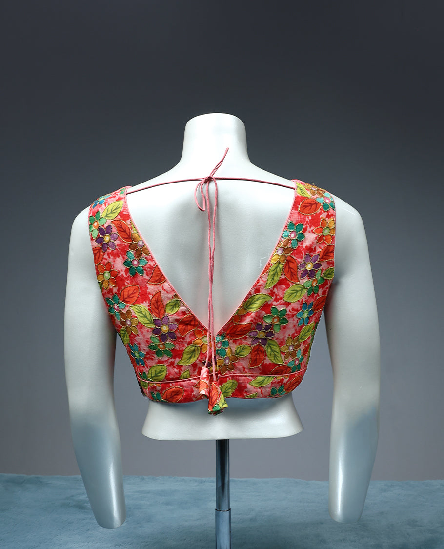 Rose Pink Colour, Contrast Colour Floral Thread Work, V Neck, Attachable Sleeves, Padded, Ready Made Blouse