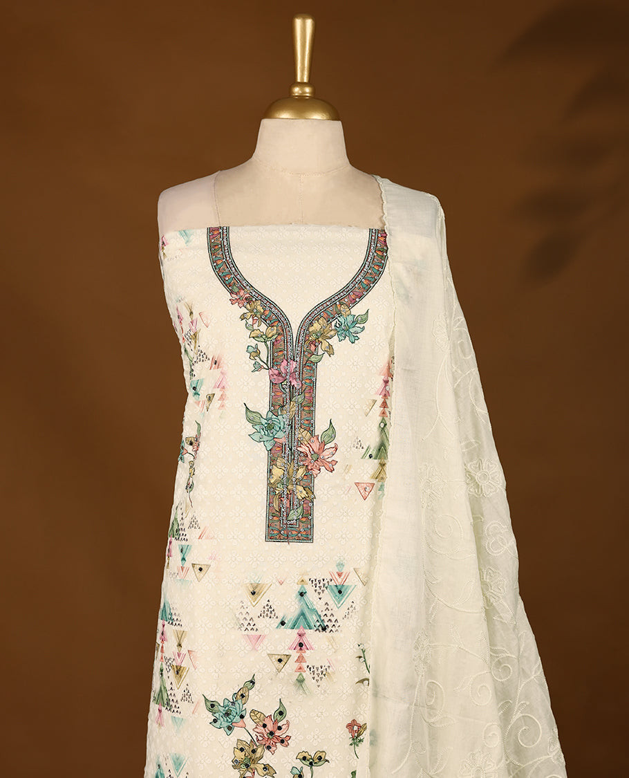 Off-white embroidered ethnic Top with multi-colour prints & light green border, matching bottom, and threadwork dupatta
