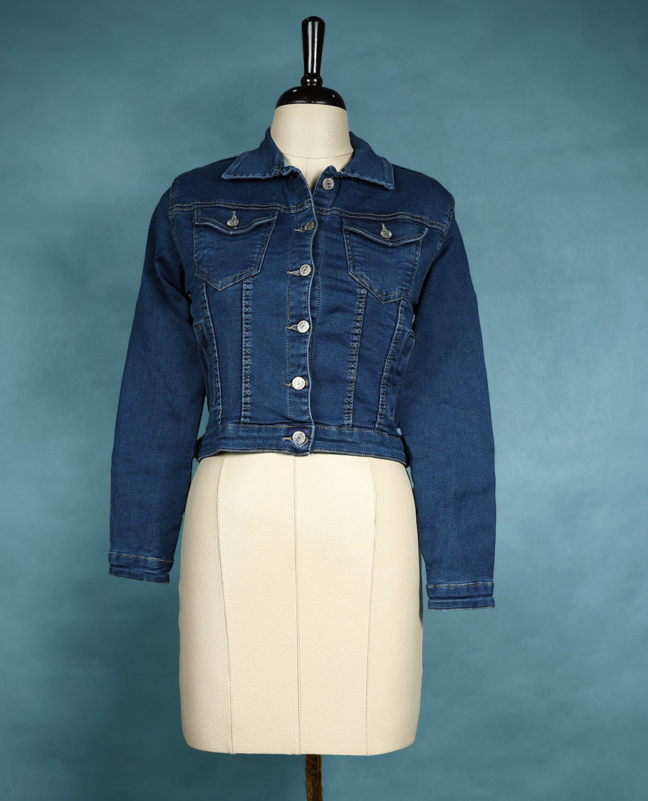 Blue Colour Solid Spread Collar Denim Jacket for Women