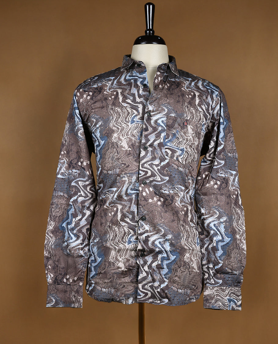 Dark Brown with Multi Colour Printed YESTO Full Sleeve Shirt for Men