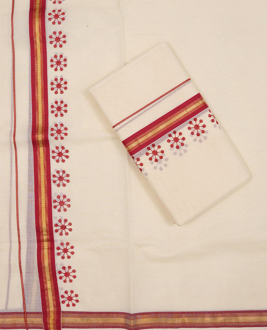 Off white colour Cotton Set Mund featuring a plain body, enhanced by a Floral Print with zari border.