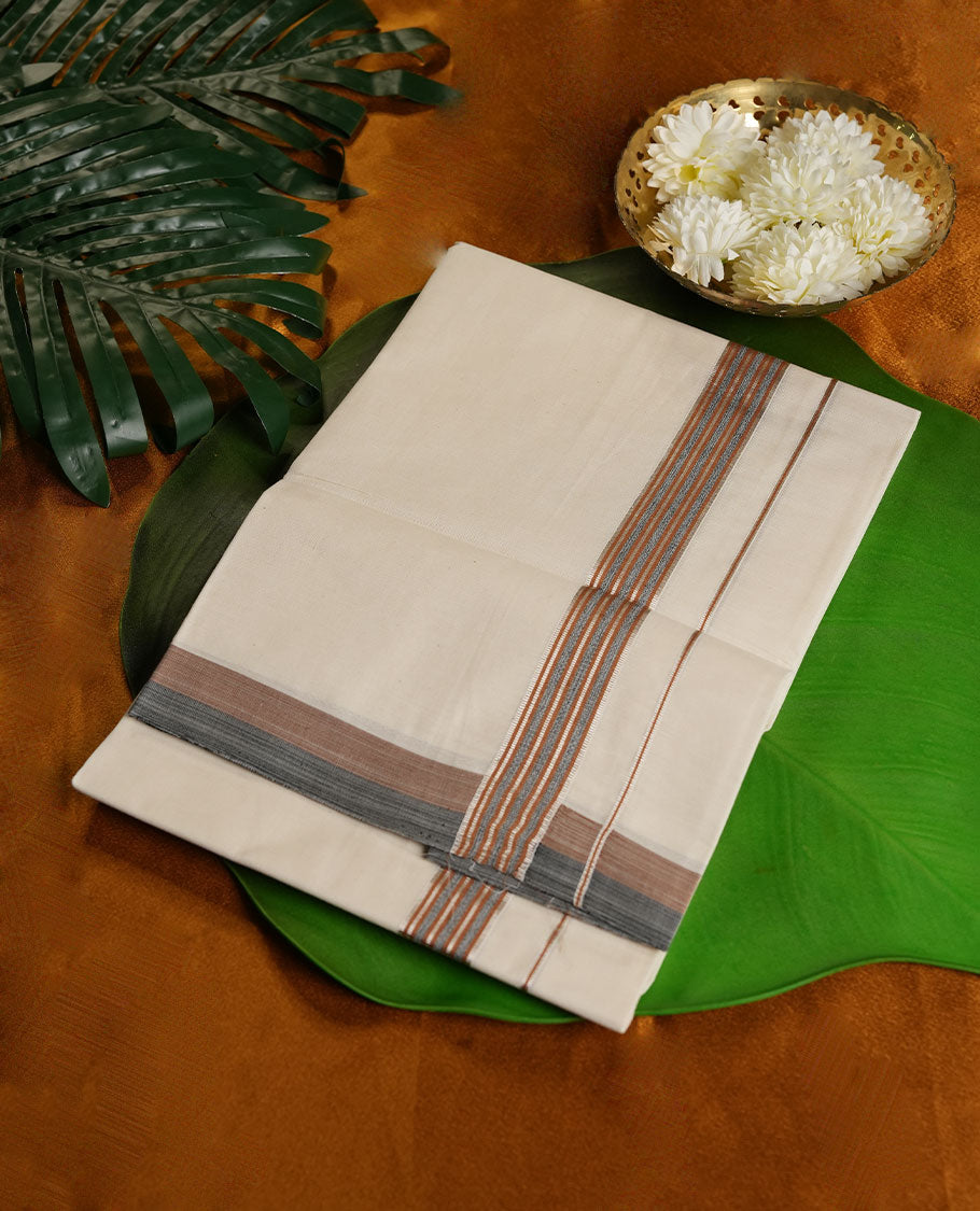 Cream Colour Pure Cotton single Dhoti with Brown, Gray and Silver Colour simple Border for Men