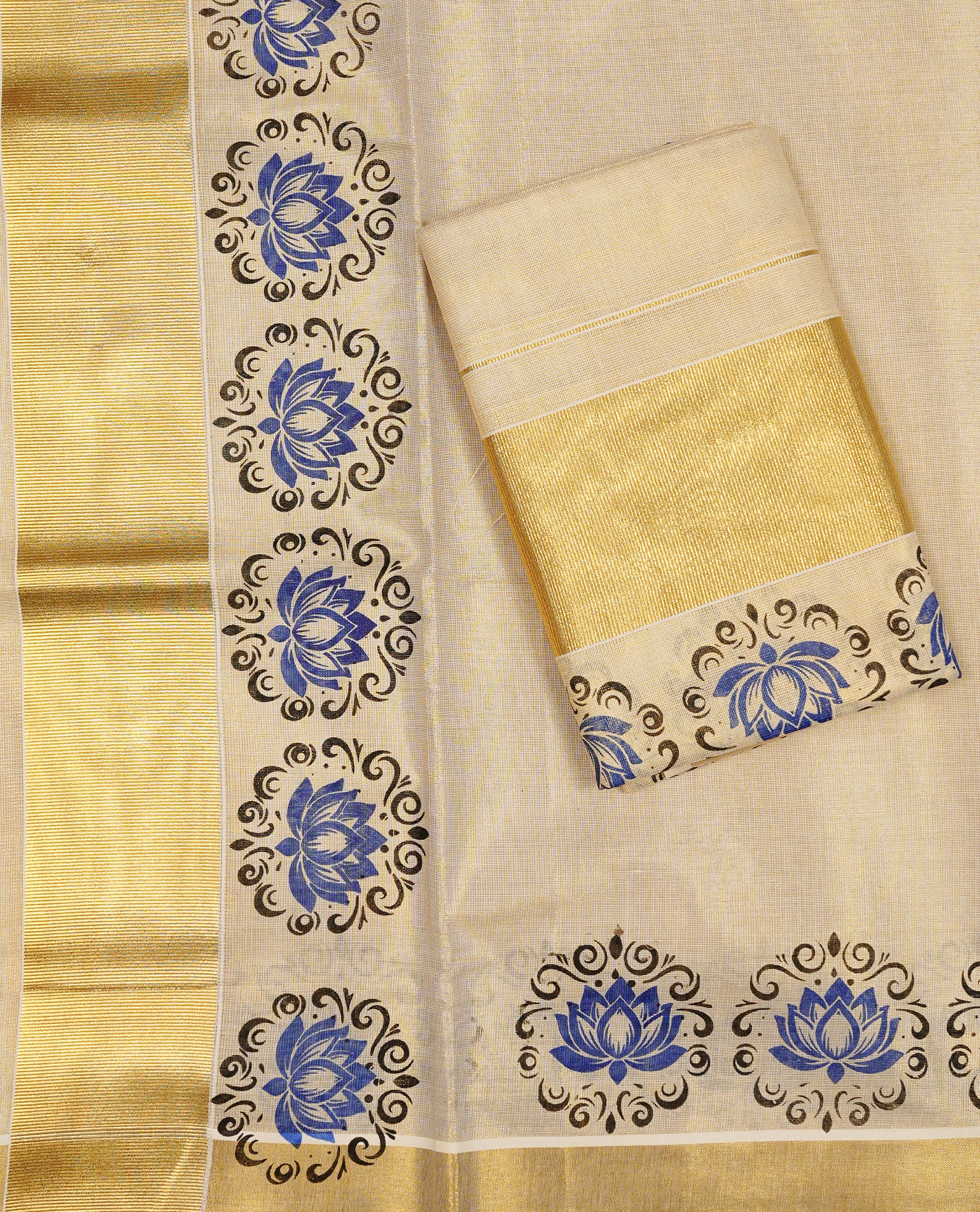 Cream colour Tissue silk set mund Featuring Elegant plain body, Complemented by Floral print with zari border.