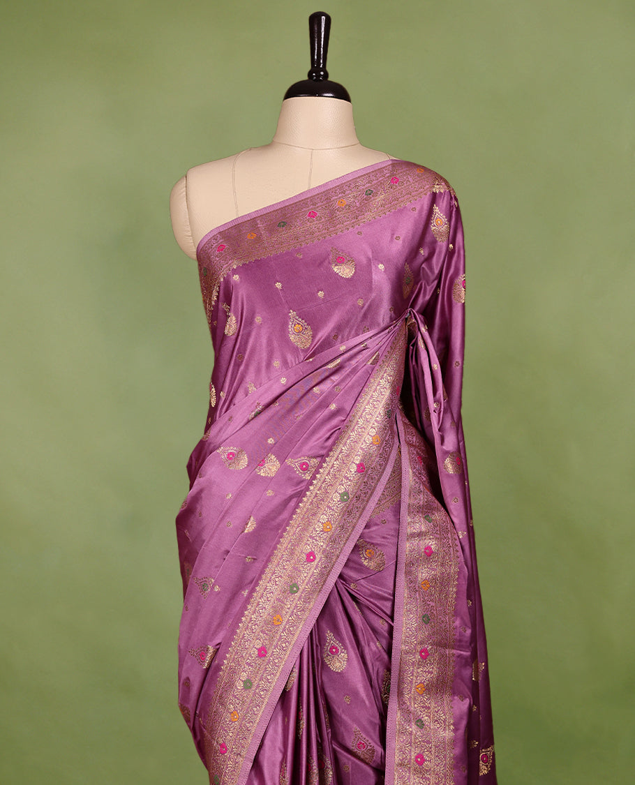 Lilac Colour Semi Banarasi Saree having Golden Buttas in Body with Worked Border and Blouse