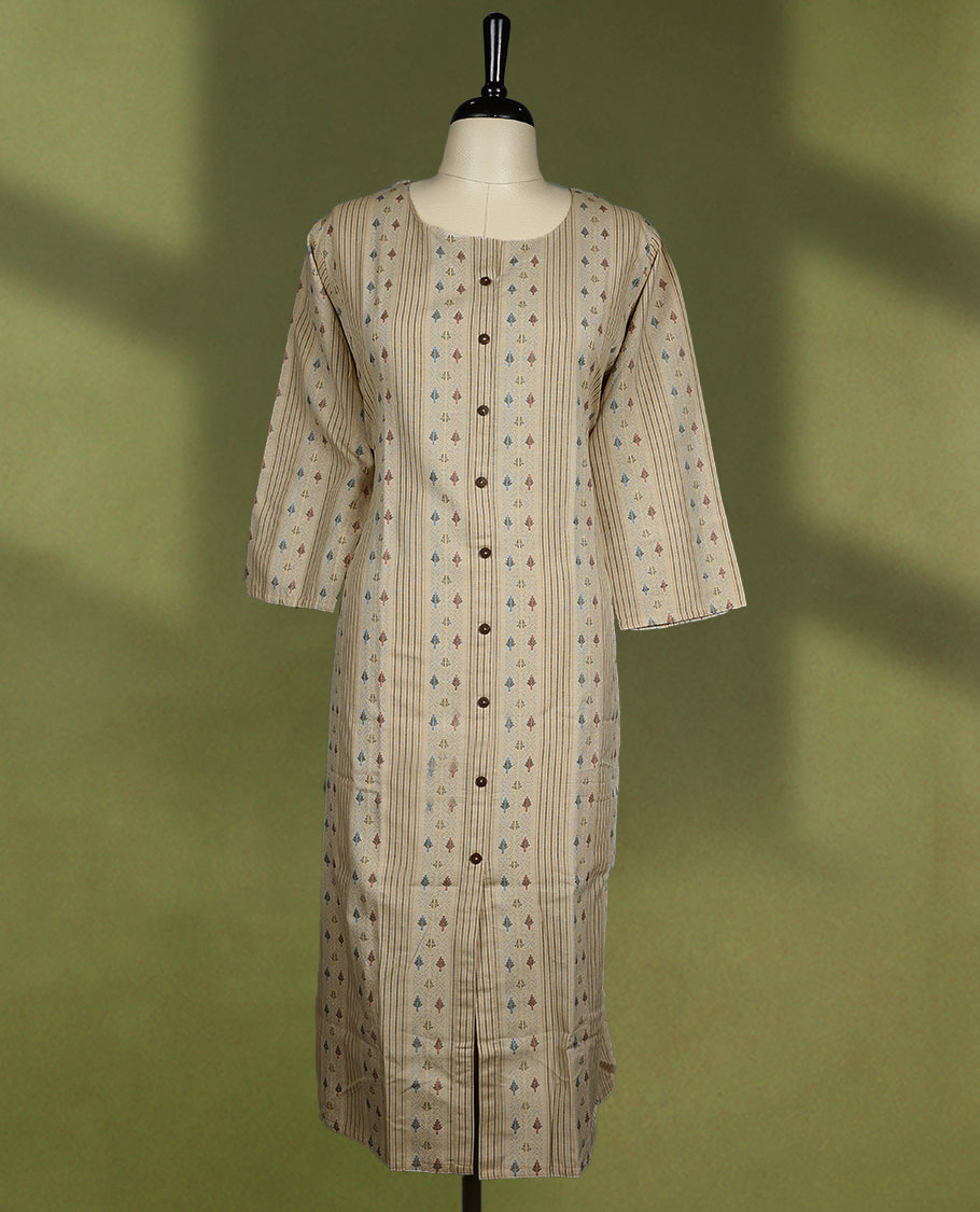 Dark beige coloured stylish kurthi with slit, featuring a round neck design adorned with digital prints and thread work, for women