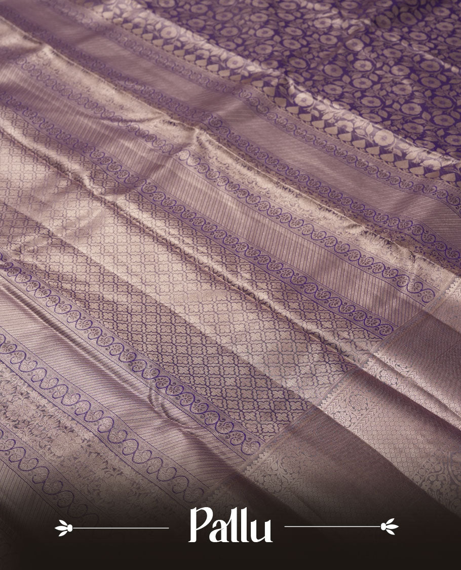 Purple colour and Antique silver Zari Tissue Brocade Saree features intricate Motifs on body and traditional border & pallu with floral patterns, paired with matching blouse