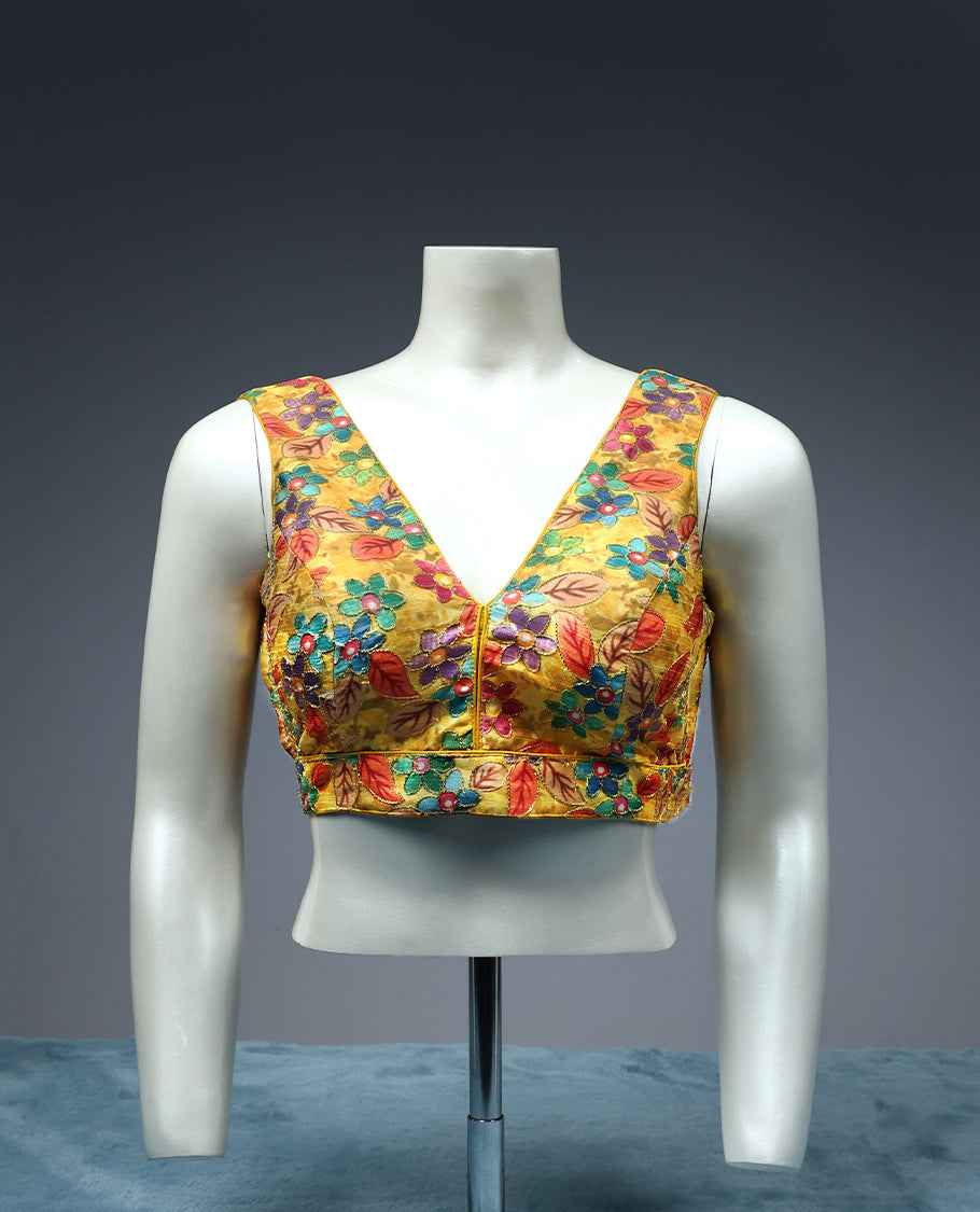 Mustard Colour, Contrast Colour Floral Thread Work, V neck, Attachable Sleeves, Padded, Ready Made Blouse.